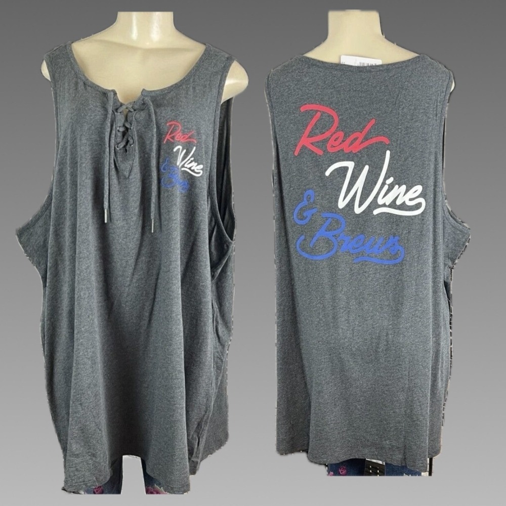 Torrid 6X Heather Dark Gray Red Wine & Brews Lace Up Neckline Cotton Tank Top